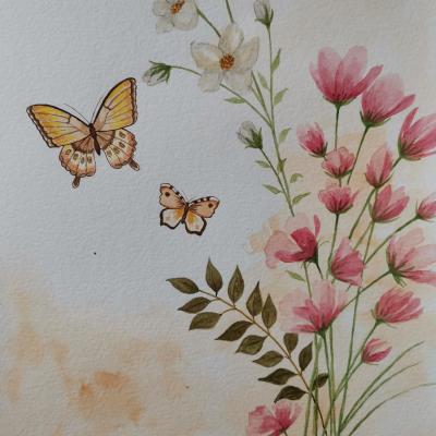 Tableau papillons fleurs à l'aquarelle